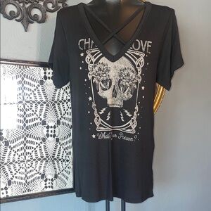 Express Black V-Neck Skull Graphic Tee